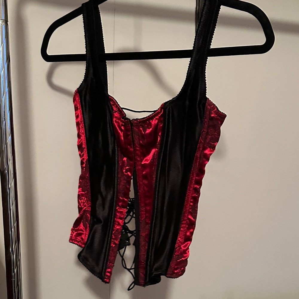 Vintage 2005 Victoria's Secret Red and Black Chinois Jacquard Corset Hooks Ties